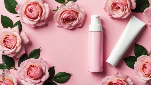 pink roses background with lotion tube container for healthy skincare ad beauty product concept from Generative AI