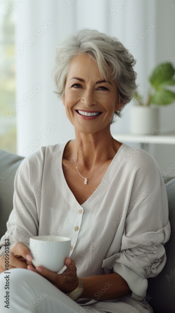 Portrait of a smiling mature woman with grey hair holding a cup of tea Portrait of a smiling mature woman with grey hair holding a cup of tea