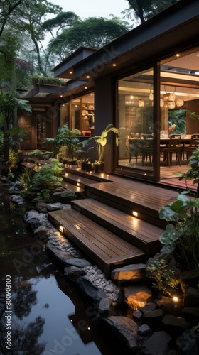 A wooden deck with a view of the garden