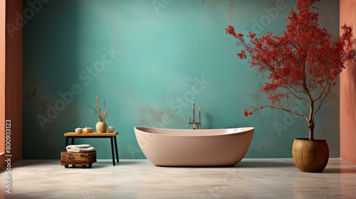Bathroom with a pink bathtub, a red tree, and a green wall photo