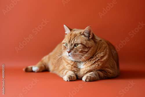 Portrait of severely overweight fat cat on orange studio background photo