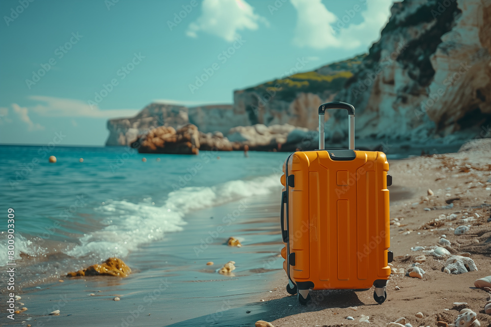 trolley with luggage on a rocky beach