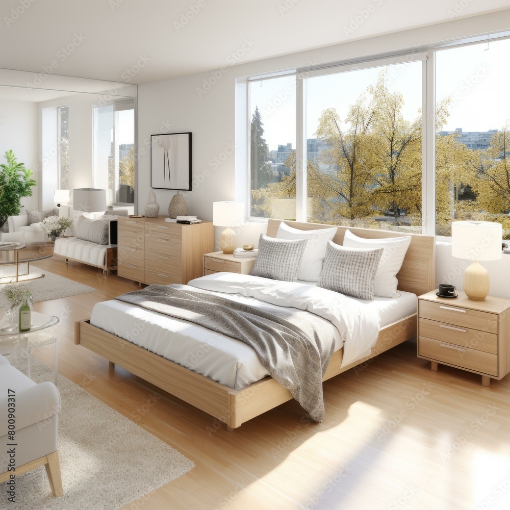 Fototapeta premium Cozy Minimalist Bedroom Interior Design With Natural Light