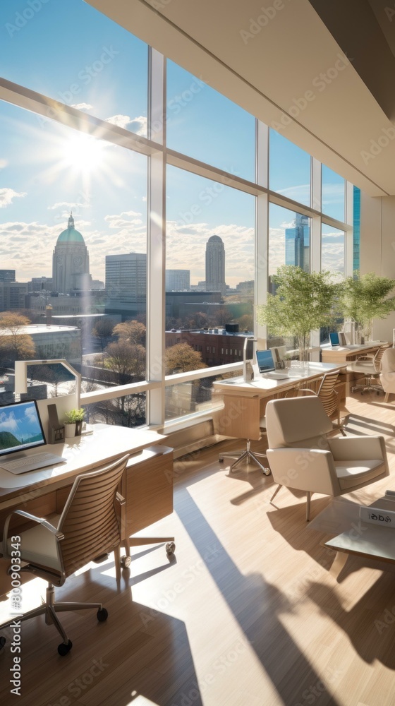 Modern office space with large windows and a view of the city