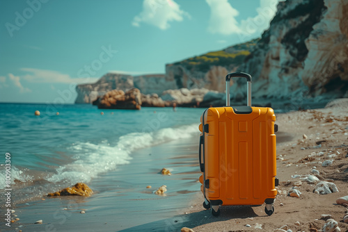 trolley with luggage on a rocky beach