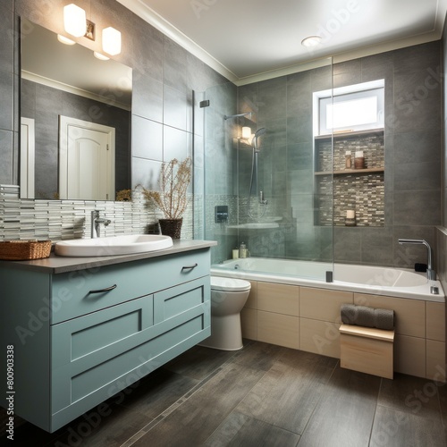 Blue vanity with vessel sink and dark gray tile shower surround