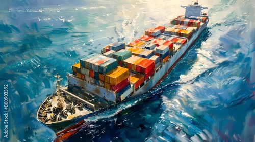 Container Ship Glides Through Ocean in Impressionist Style A Maritime Odyssey of Global Trade photo