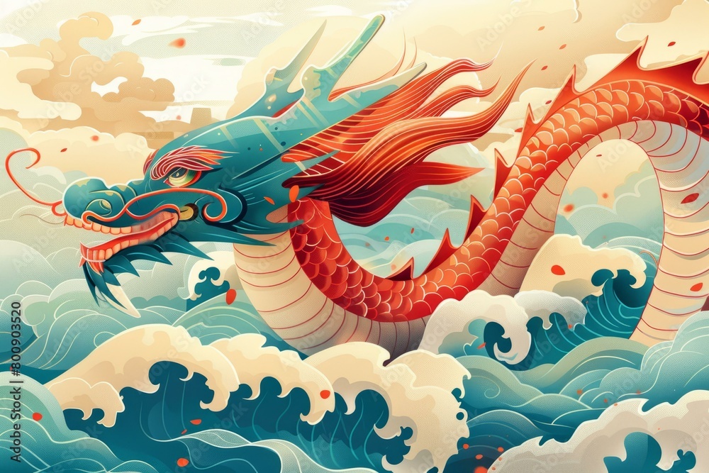Illustration of a red and blue dragon in water