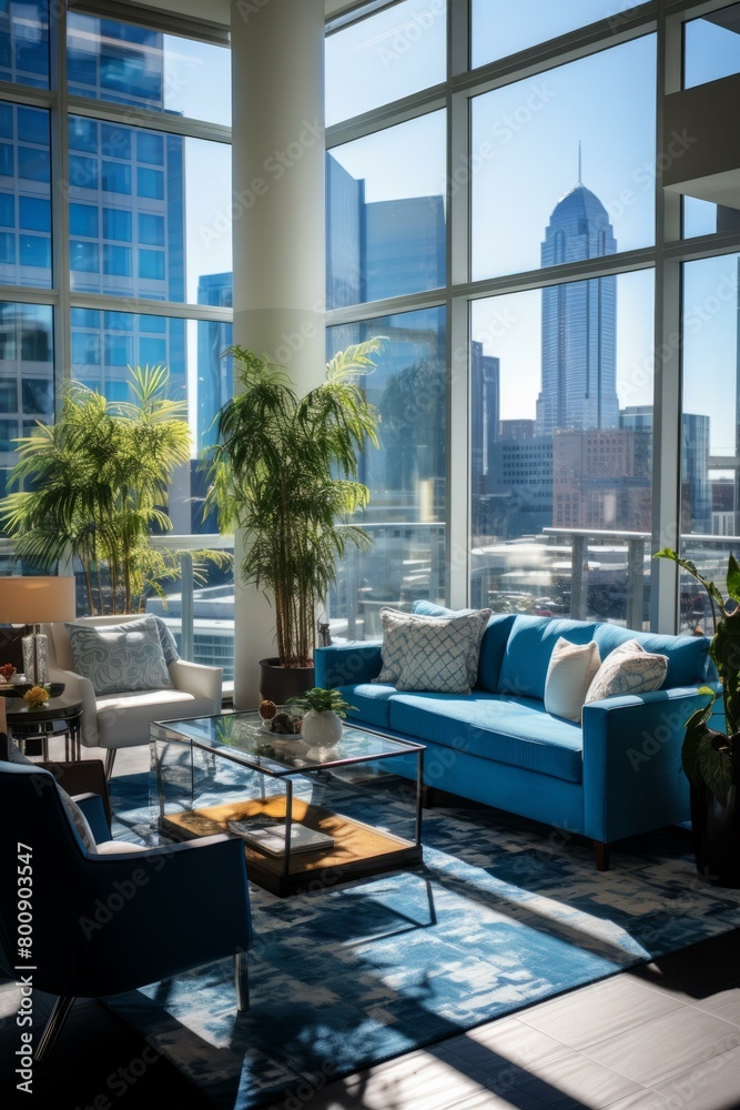 Blue and white living room interior with city view