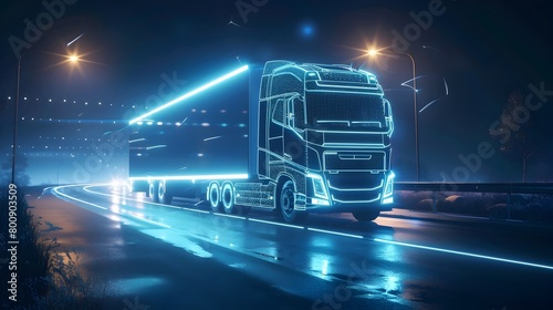 Futuristic Electric Truck Glowing with Advanced Technology and Safety Features on a Nighttime Road