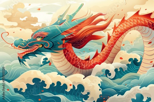 Illustration of a red and blue dragon in water photo