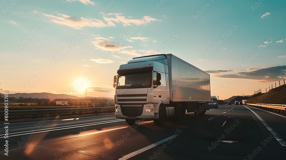 Advanced Truck Navigates Highway at Sunset in Modern Photographic Style