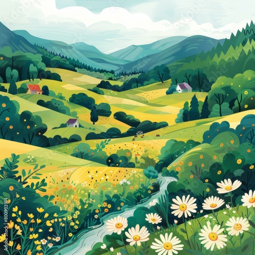 An illustration of a beautiful landscape with green hills, a river, and a meadow full of flowers