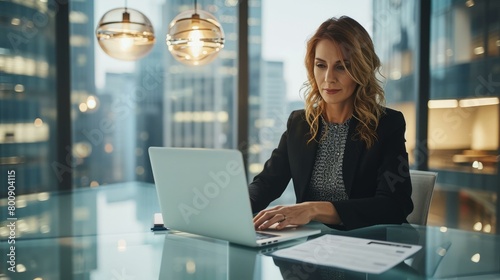 Confident businesswoman working on laptop in modern office