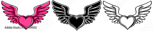 set pink heart with wing. cupid love icon vector illustration