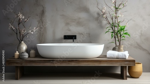 Bathroom interior with freestanding bathtub  wooden vanity  and plants