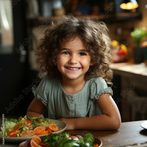 Portrait of a happy little girl with curly hair sitting at the dinner table