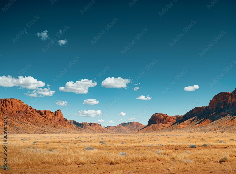 A vast desert landscape with red rock formations and a clear blue sky