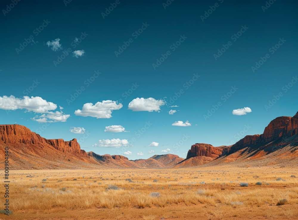 A vast desert landscape with red rock formations and a clear blue sky A vast desert landscape with red rock formations and a clear blue sky