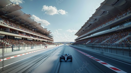 Formula One car racing down a track with grandstands full of spectators