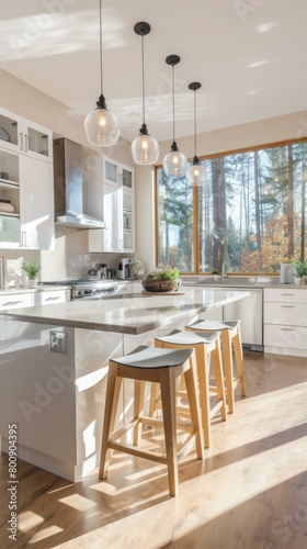 Modern kitchen with large windows and a view of the forest