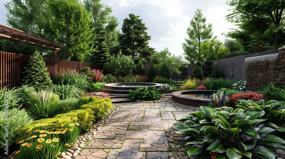 A beautiful garden with a stone path, a pond, and a waterfall