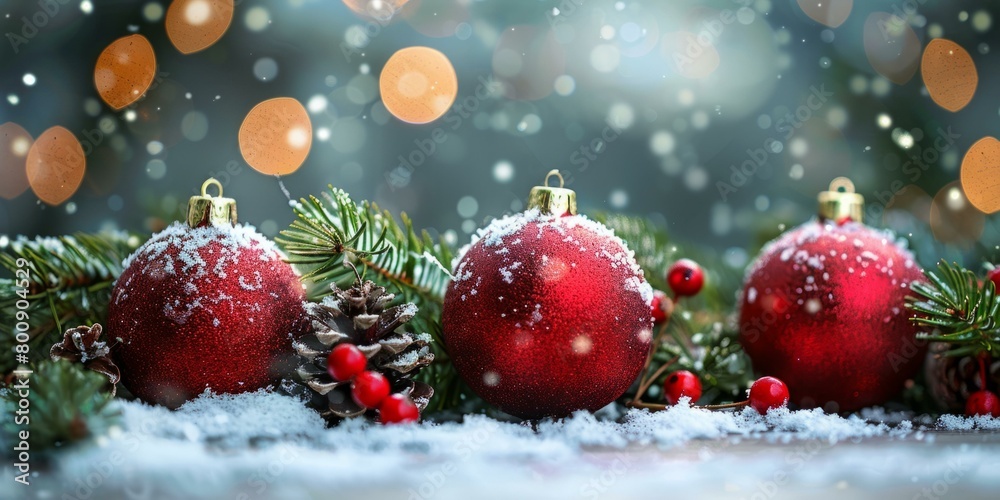 Red Christmas balls with fir branches and snow