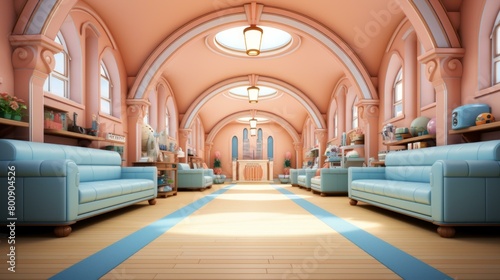 A pink cartoon church with blue pews and pink walls © Adobe Contributor