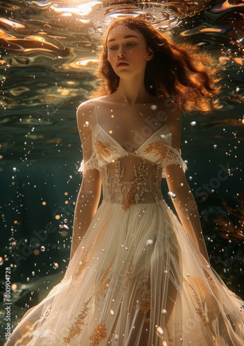 Young Woman in White Dress Underwater