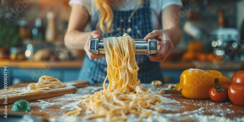 Woman making pasta dough with a pasta maker machine photo