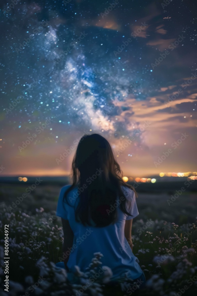 girl looking up at the starry night sky girl looking up at the starry night sky