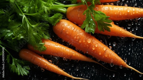 Fresh carrots with green leaves on a wet black background photo