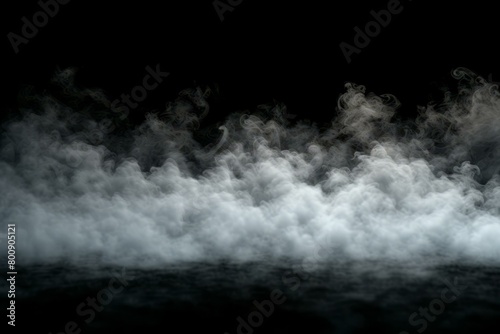 White smoke or fog cloud isolated on black background. Abstract smoke texture on dark backdrop.