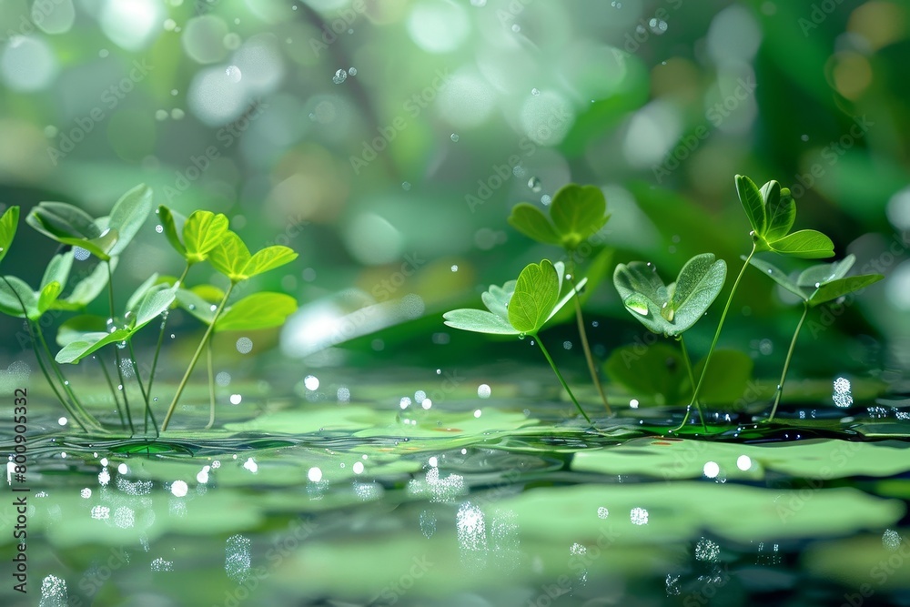 A group of green plants are floating in a pond