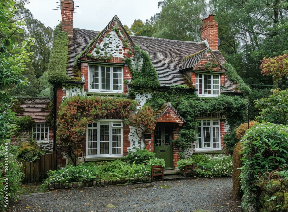 Small English country cottage with a garden full of flowers and plants