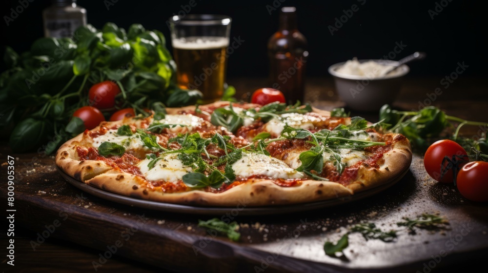 A delicious pizza with fresh basil, tomatoes, and mozzarella cheese