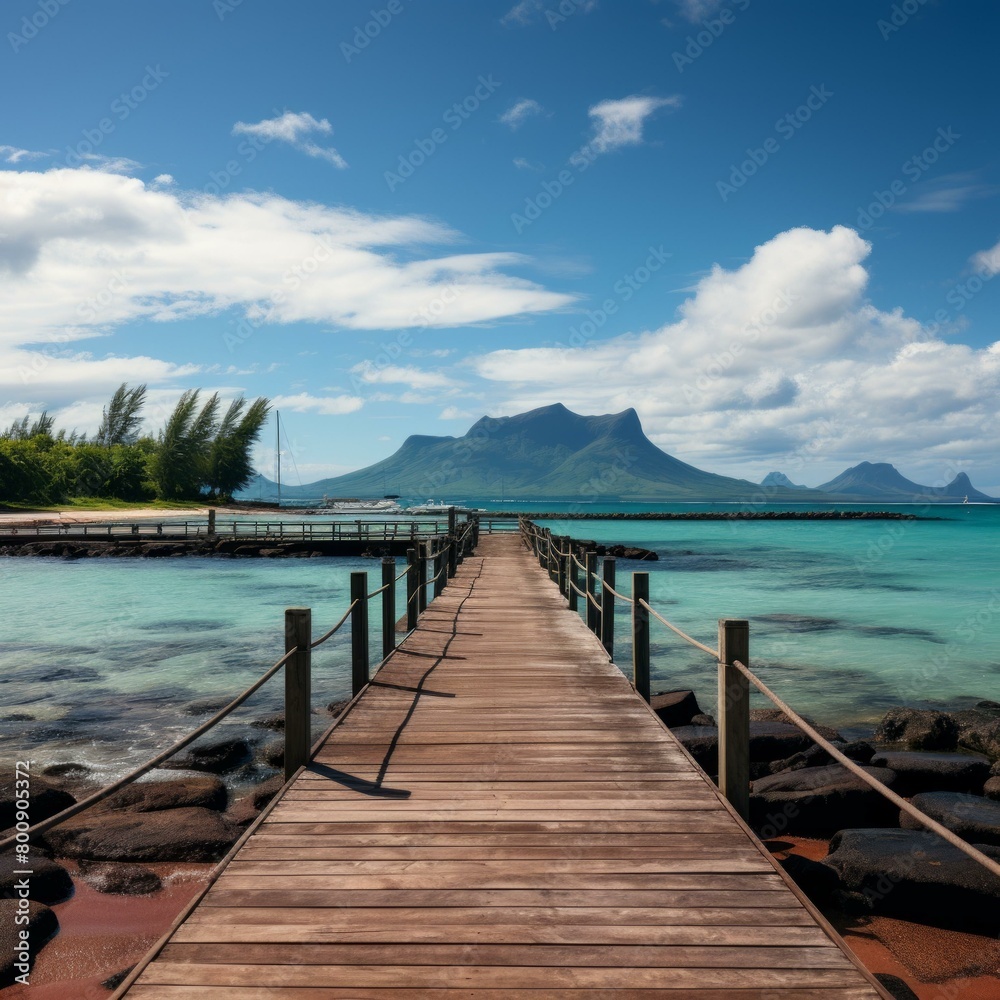 Wooden dock extending into the ocean with a beautiful tropical island in the distance