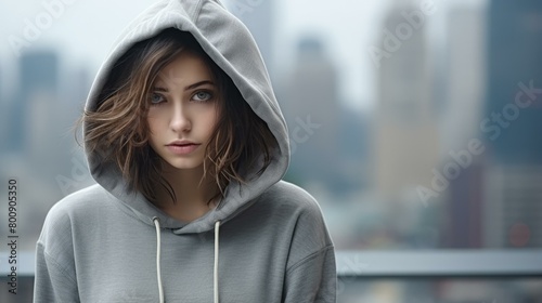 Portrait of a young woman in a gray hoodie looking at the camera with a serious expression photo