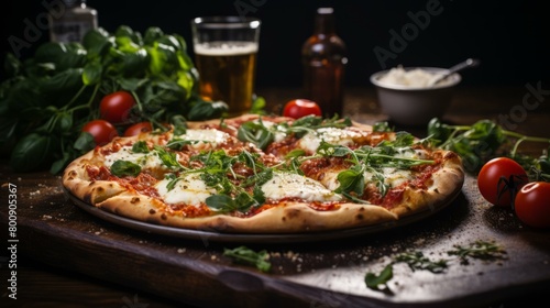 A delicious pizza with fresh basil, tomatoes, and mozzarella cheese