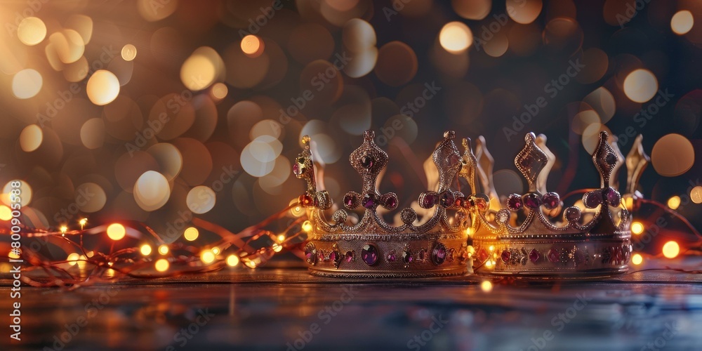 Two golden crowns on a wooden table with a string of lights in the foreground and a blurred background with golden bokeh lights.