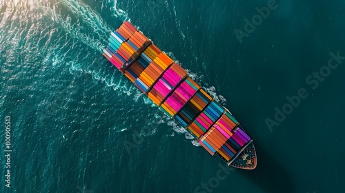Rainbow Container Ship Sailing the Horizon of Global Trade and Business photo