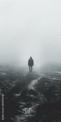 Man walking alone in the middle of a foggy field