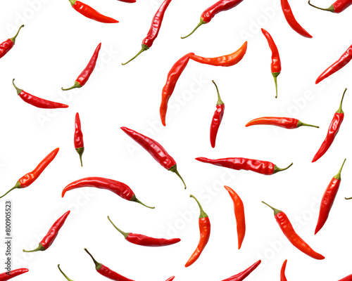Multiple red chili peppers scattered in a random pattern  floating on a transparent background  showcasing spicy vibrance. Generative AI