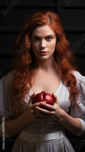 A woman with long red hair is holding a heart-shaped apple in her hands