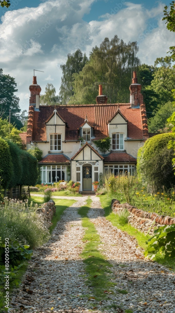 A beautiful English country cottage with a gravel driveway and a garden full of flowers