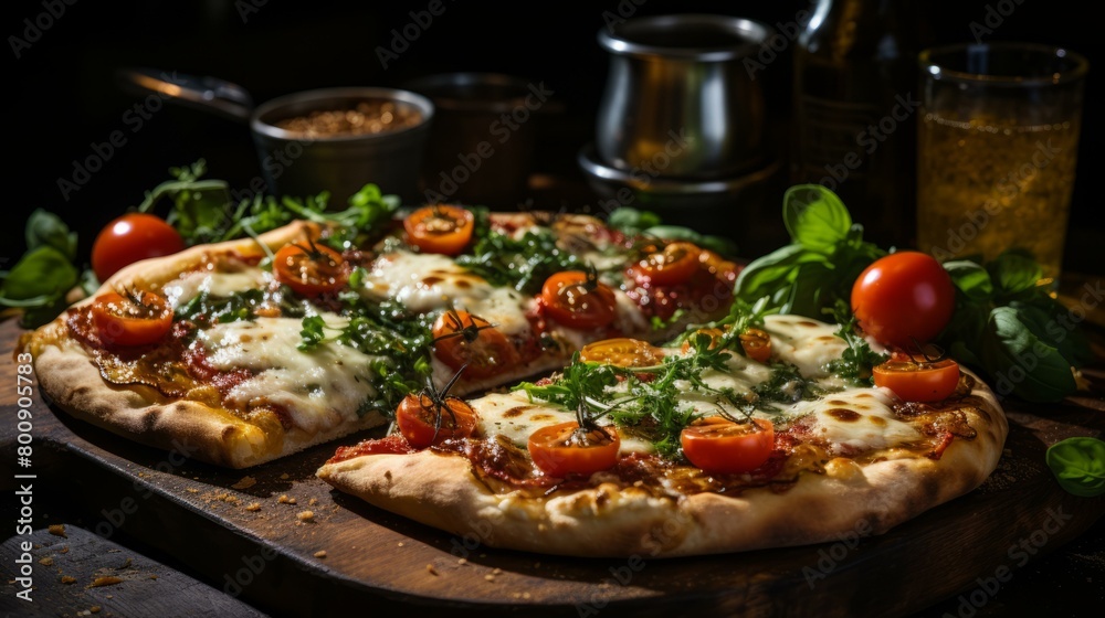 half pizza with cherry tomatoes and basil on a wooden board