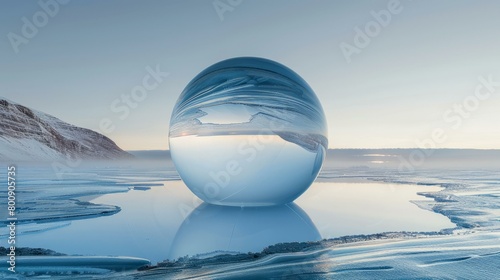 A glass ball sits on a frozen lake  reflecting the sky and clouds.