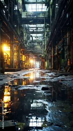 decaying industrial building interior with puddles on the floor