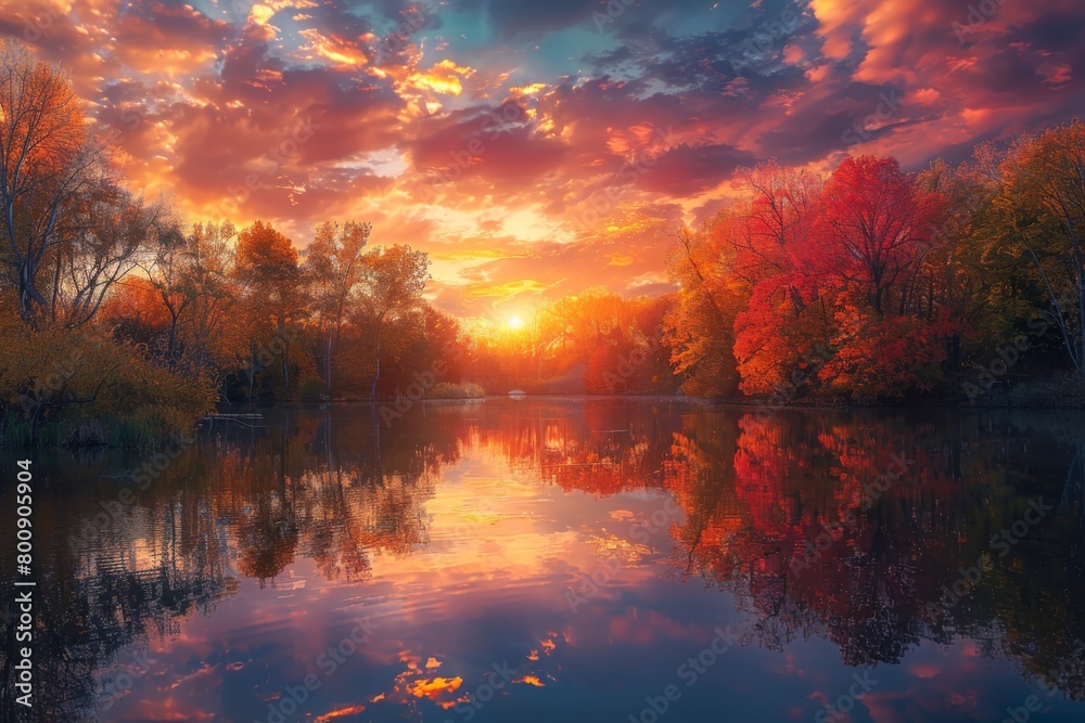 Sunset Reflections in a Serene Autumn Lake
