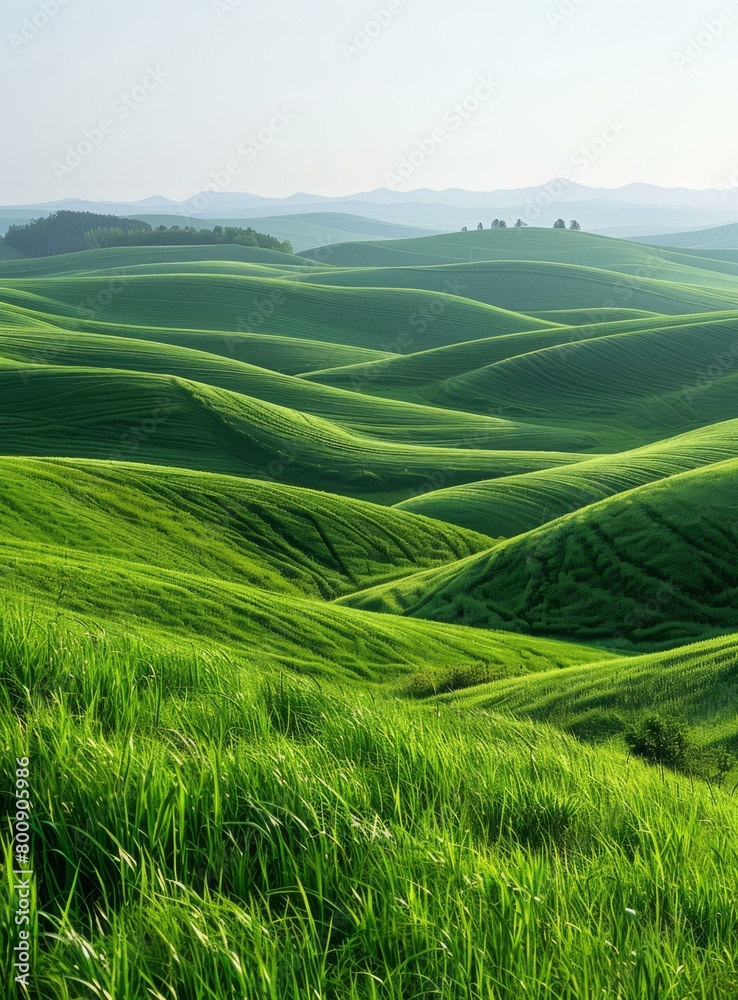 Picturesque green rolling hills under the clear blue sky